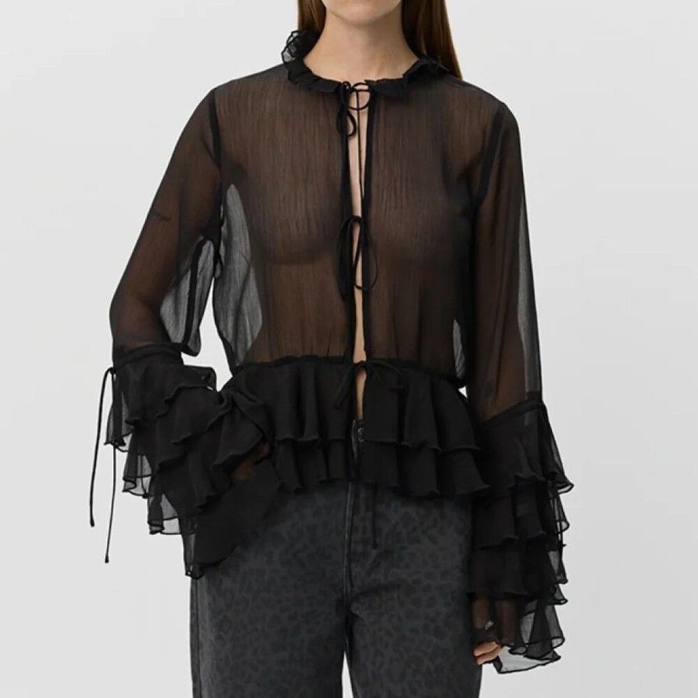Sofie Schnoor Macisw Shirt Top Tiered Ruffle Sheer Long Sleeve Black S-36 291270